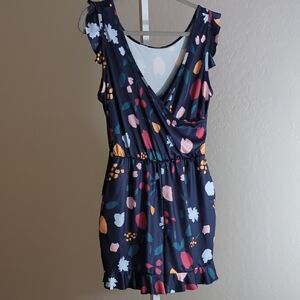 Floral Print One-Piece Romper Swimsuit 3XL Navy